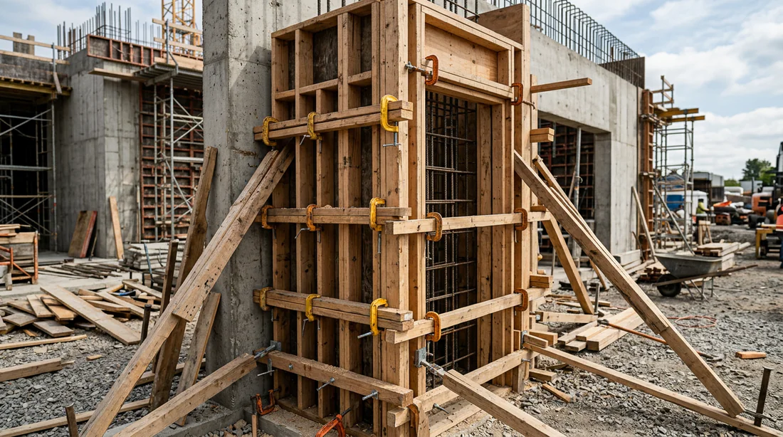 Assemblage et maintien d'un coffrage en bois pour jambage de cuisine d'été