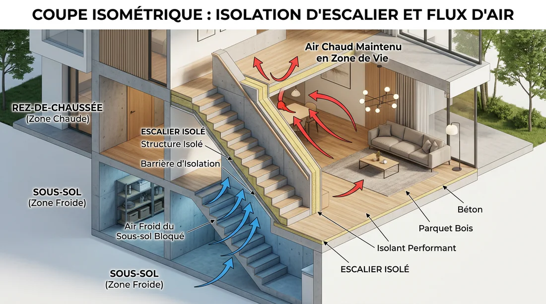 Infographie illustrant les pertes de chaleur par un escalier de sous-sol non isolé