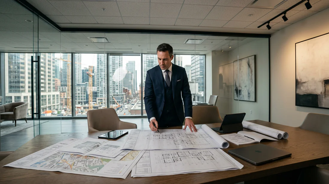 Avocat spécialisé examinant des plans de maison pour un contentieux