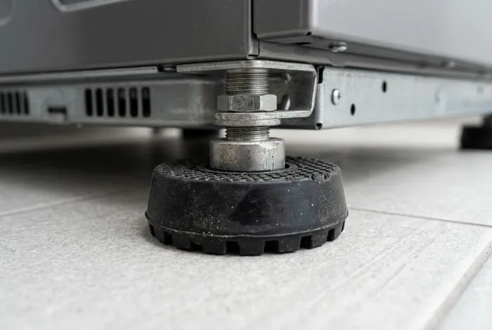 Gros plan sur un patin anti-vibration en caoutchouc sous un pied de machine à laver
