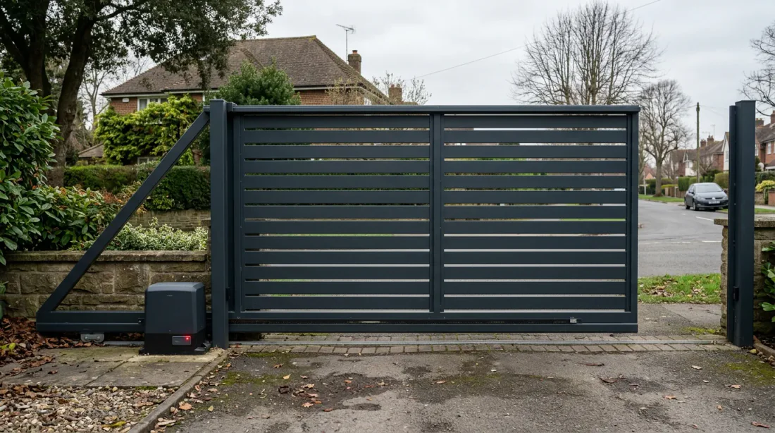 Gros plan main tenant un multimètre devant une carte électronique de motorisation de portail Genius