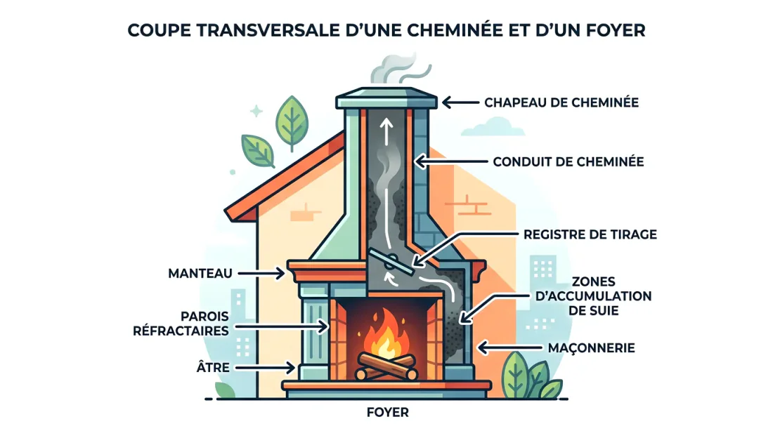 Gros plan d'une main gantée tenant de la suie noire au-dessus d'un foyer de cheminée