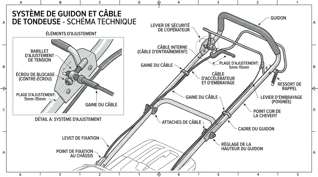 Schéma technique des points de réglage du câble d'une tondeuse