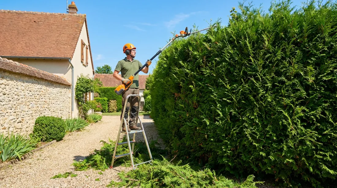 Haie verte avec ligne rouge pointillée indiquant le seuil légal de 2 mètres et mètre ruban géant stylisé
