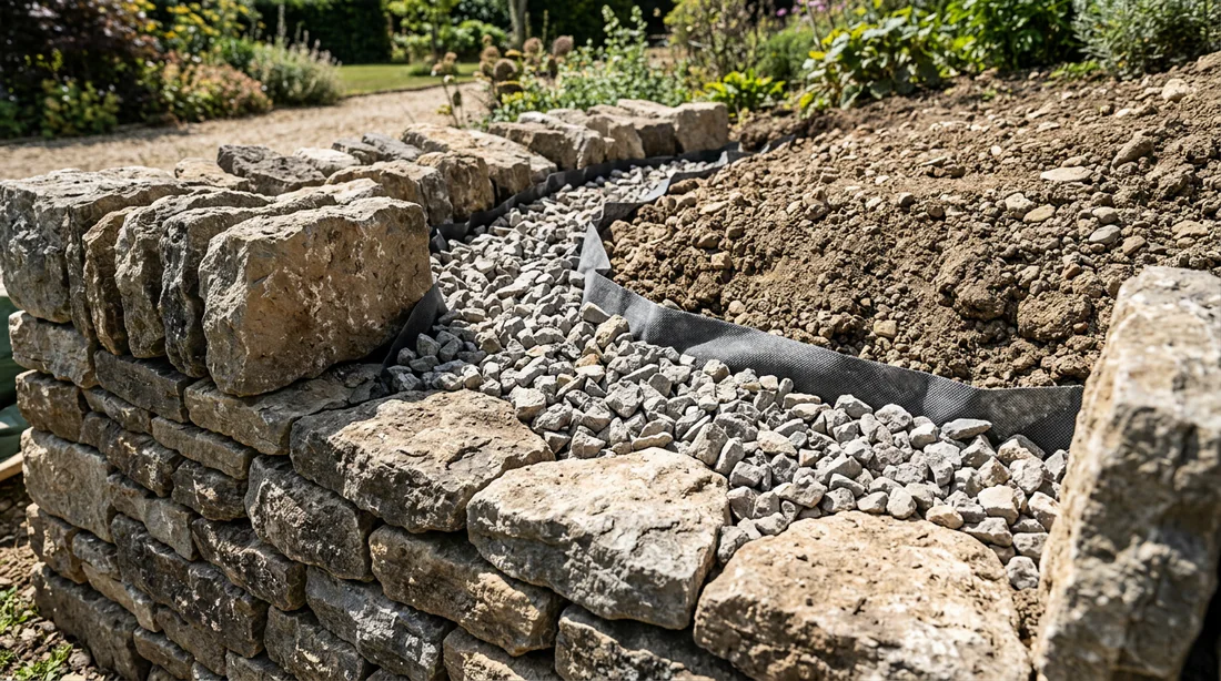 Mise en place du système de drainage et du remblai drainant derrière le mur