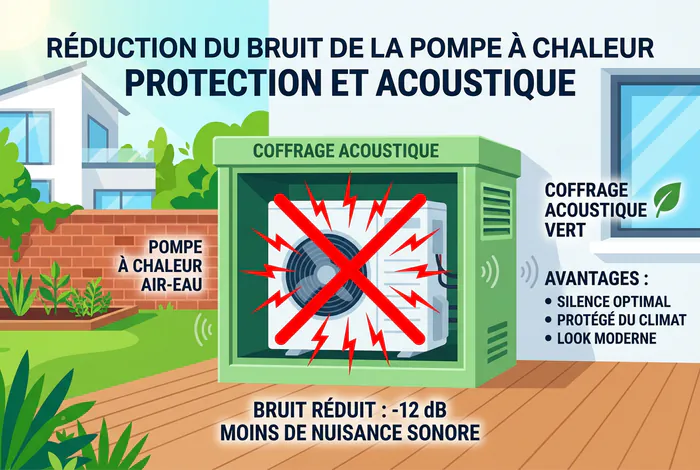 Infographie illustrant la réduction du bruit d'une pompe à chaleur grâce à un caisson isolant.