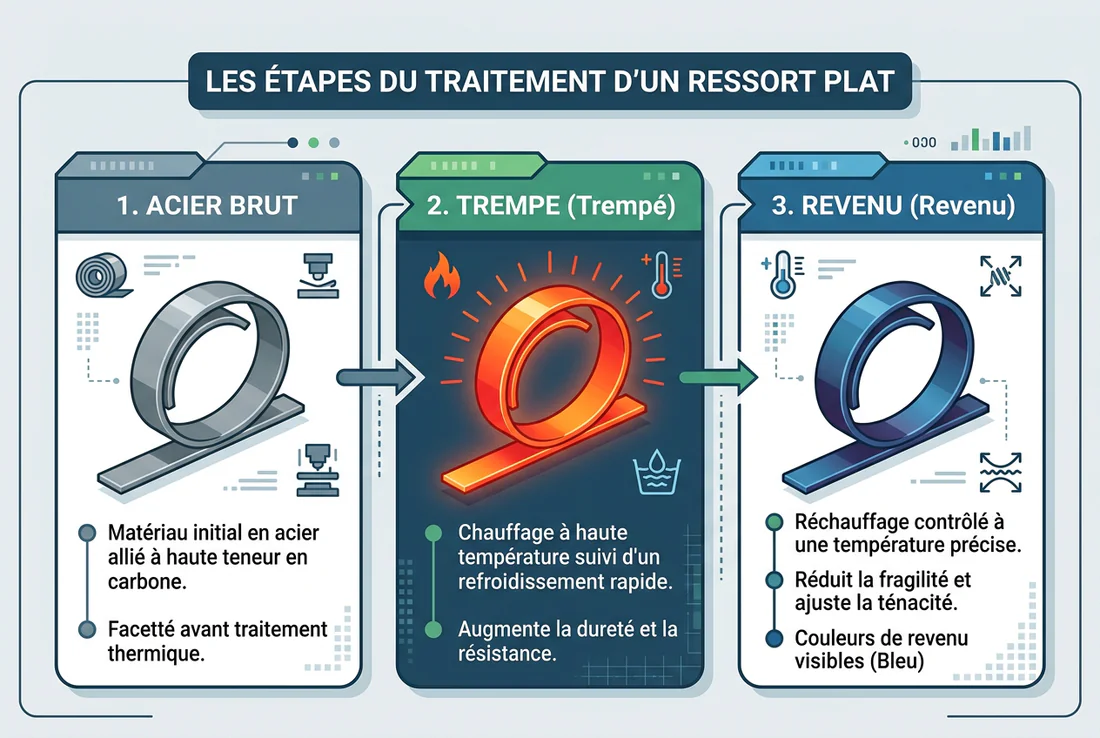 Façonnage d'un ressort plat en acier brut à l'aide d'une lime dans un étau