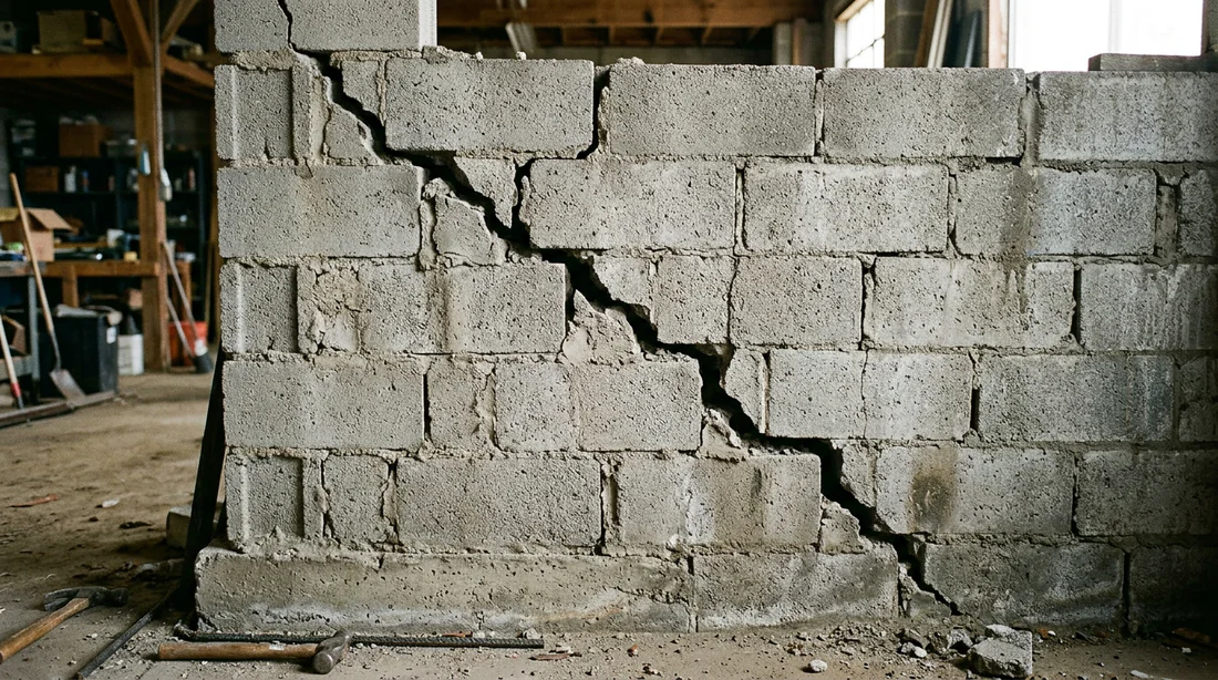 Fissures structurales sur un mur en parpaing tordu