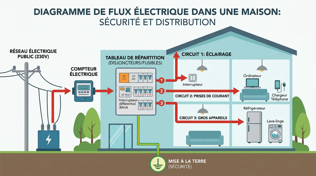 Schéma explicatif du fonctionnement d'un circuit électrique domestique