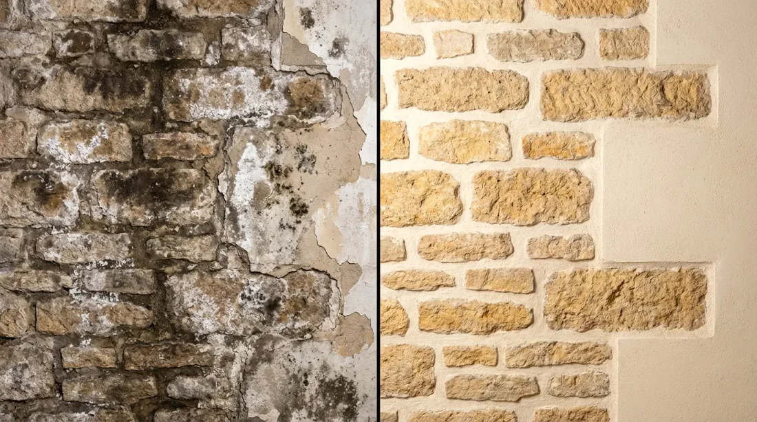 Gros plan mur meulière humide avec injecteur de résine en action et badge éditorial Avis & Retours