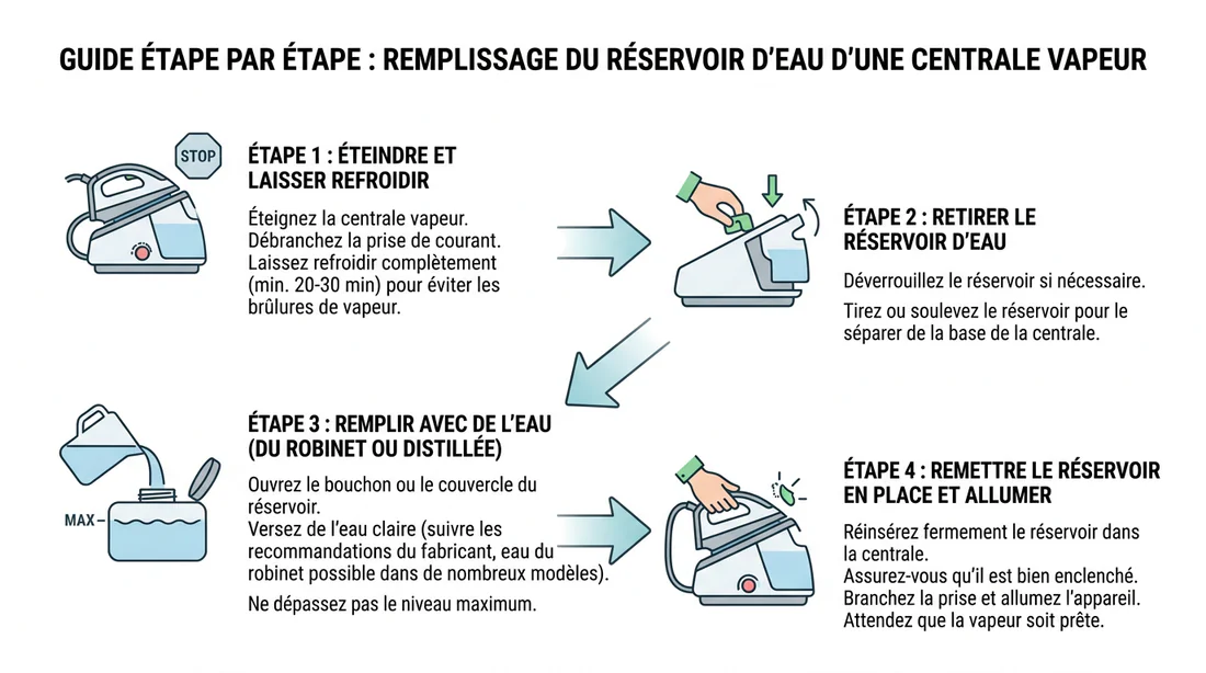 Infographie étapes remplissage réservoir centrale vapeur