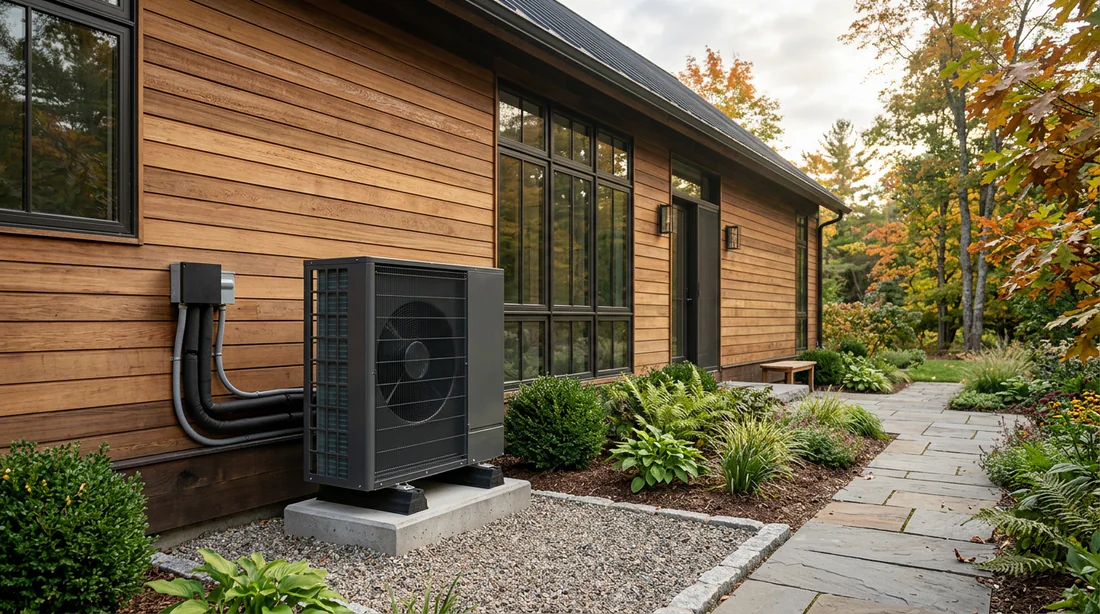 Unité extérieure de pompe à chaleur air-eau installée le long d'une maison