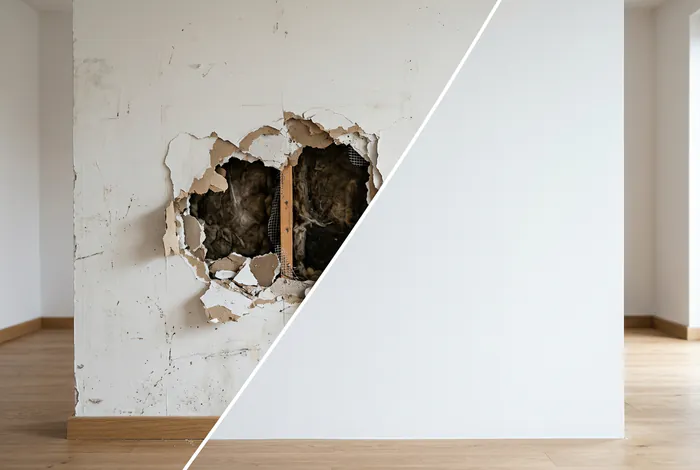 Avant et après la réparation d'un trou dans un mur en plaque de plâtre.