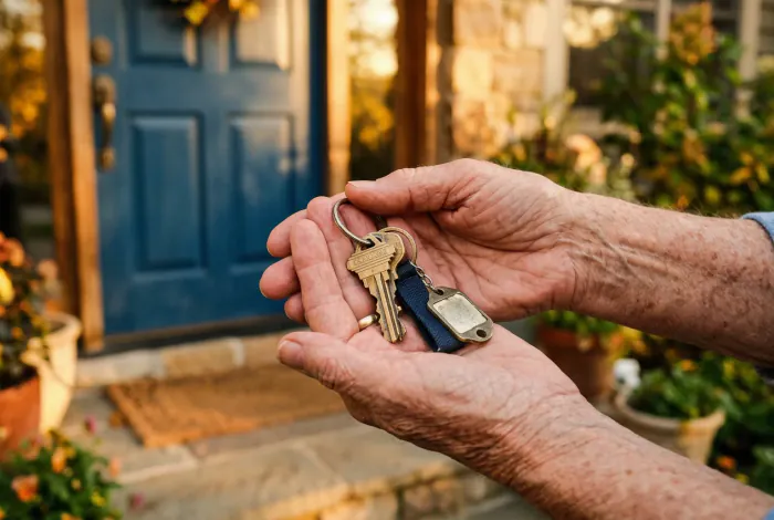 Mains de personne âgée tenant des clés de logement pour illustrer la recherche d'un logement senior