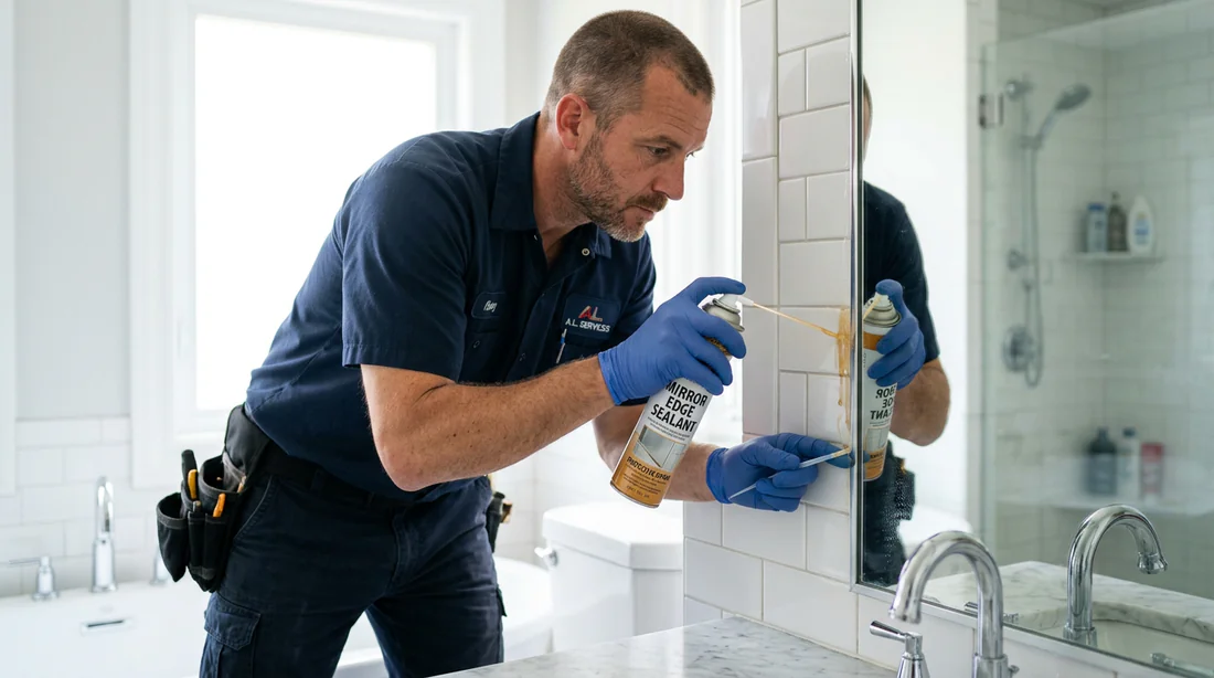Réparation et protection des bords d'un miroir de salle de bain.