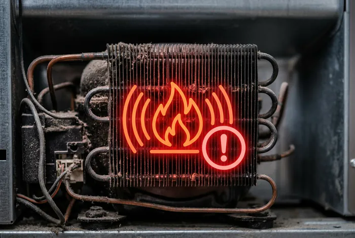 Gros plan sur un compresseur de réfrigérateur en surchauffe