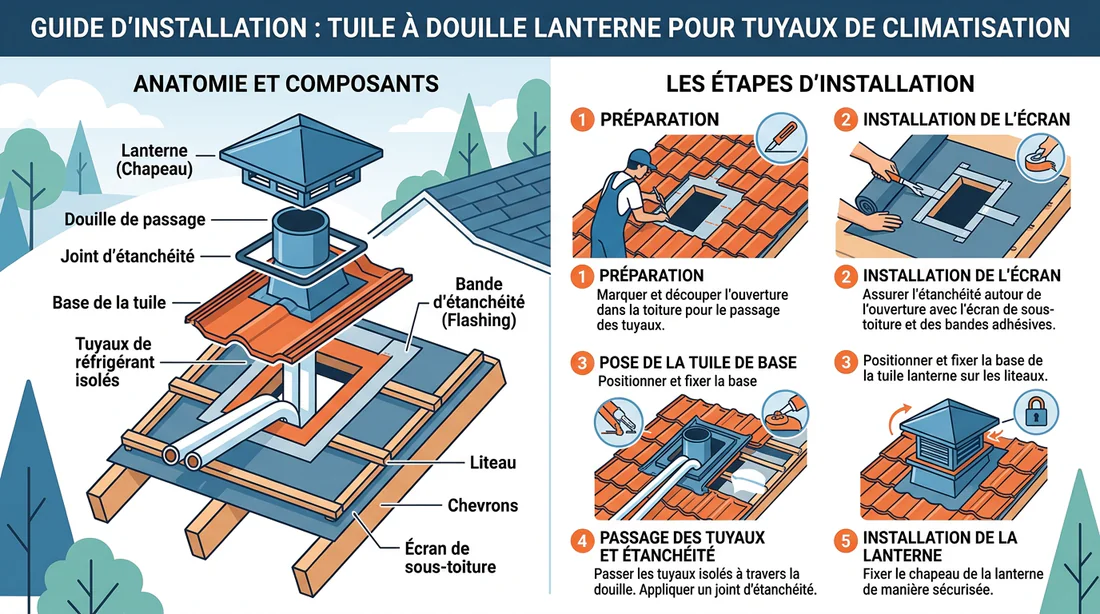 Infographie explicative montrant les étapes d'installation d'une tuile à douille pour clim.