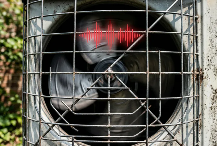 Gros plan grille de climatiseur extérieur avec symbole de bruit sonore