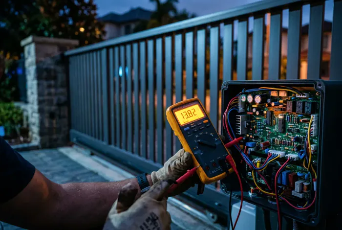 Gros plan main tenant un multimètre devant une carte électronique de motorisation de portail Genius