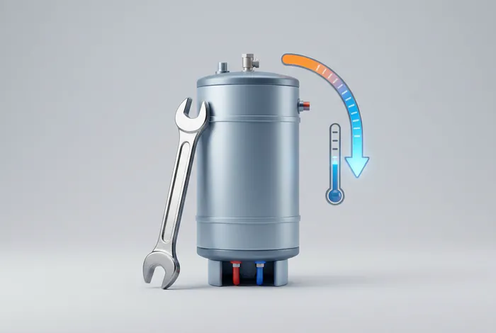 Icône de dépannage de chauffe-eau thermodynamique avec clé à molette et baisse de température