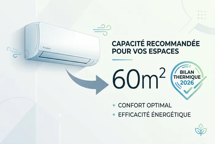 Infographie climatisation Daikin pour surface de 60m2 avec badge Bilan Thermique 2026