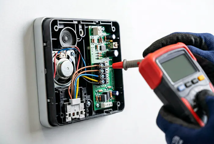 Tournevis testeur devant un interphone Bticino