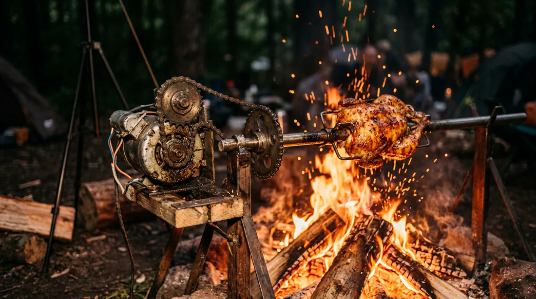 Infographie expliquant le montage étape par étape du mécanisme moteur pour tourne-broche