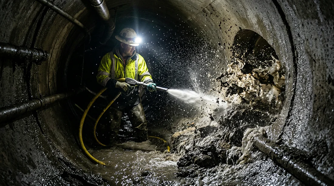 Buse J-Net propulsée par de l'eau sous haute pression nettoyant une canalisation de canalisation.