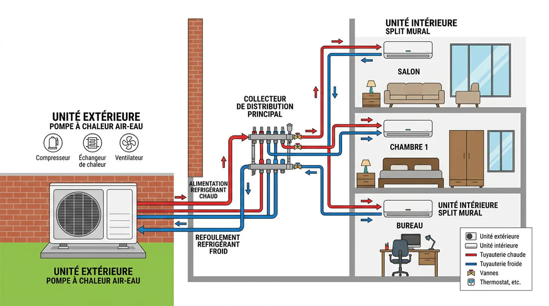 Schéma technique de raccordement d'un système de climatisation tri-split