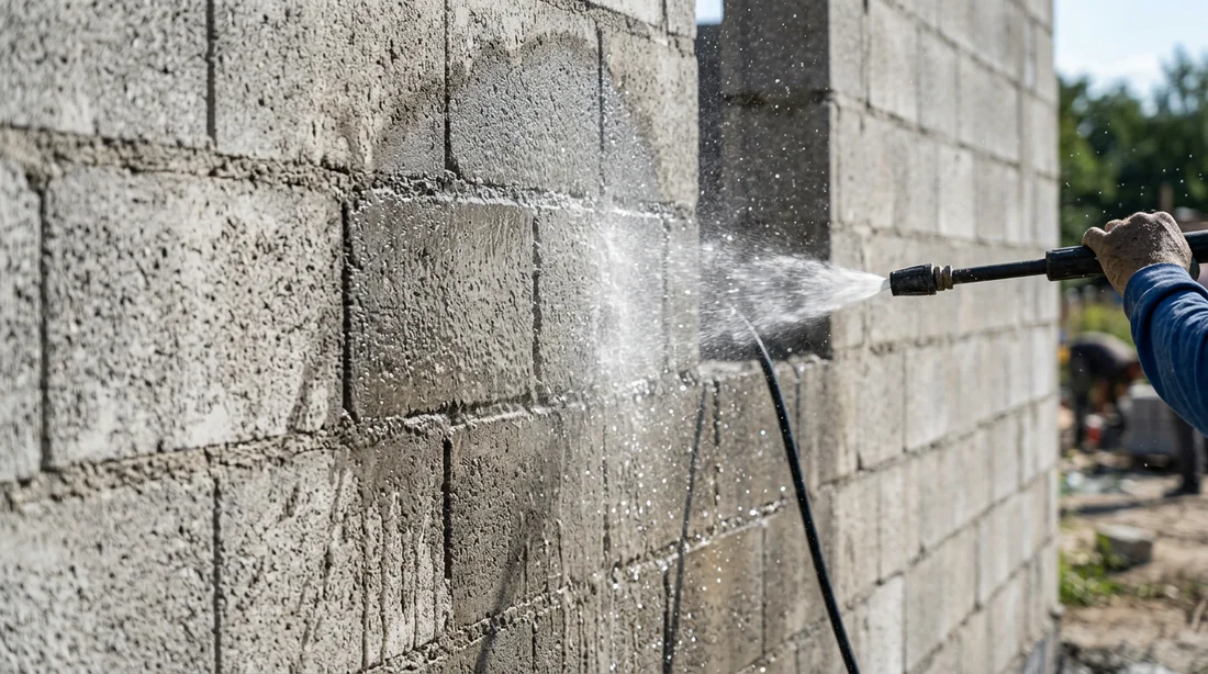 Préparation et humidification d'un mur en parpaings brut avant pose d'enduit