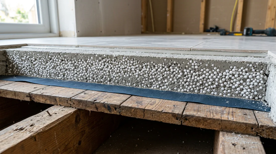 Coupe transversale de la structure d'une chape allégée au polystyrène sur plancher bois.