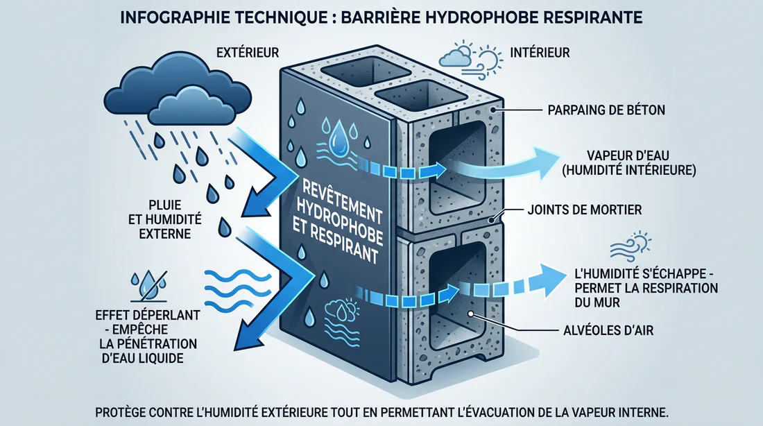 Schéma explicatif de la barrière hydrofuge et de la respiration du parpaing