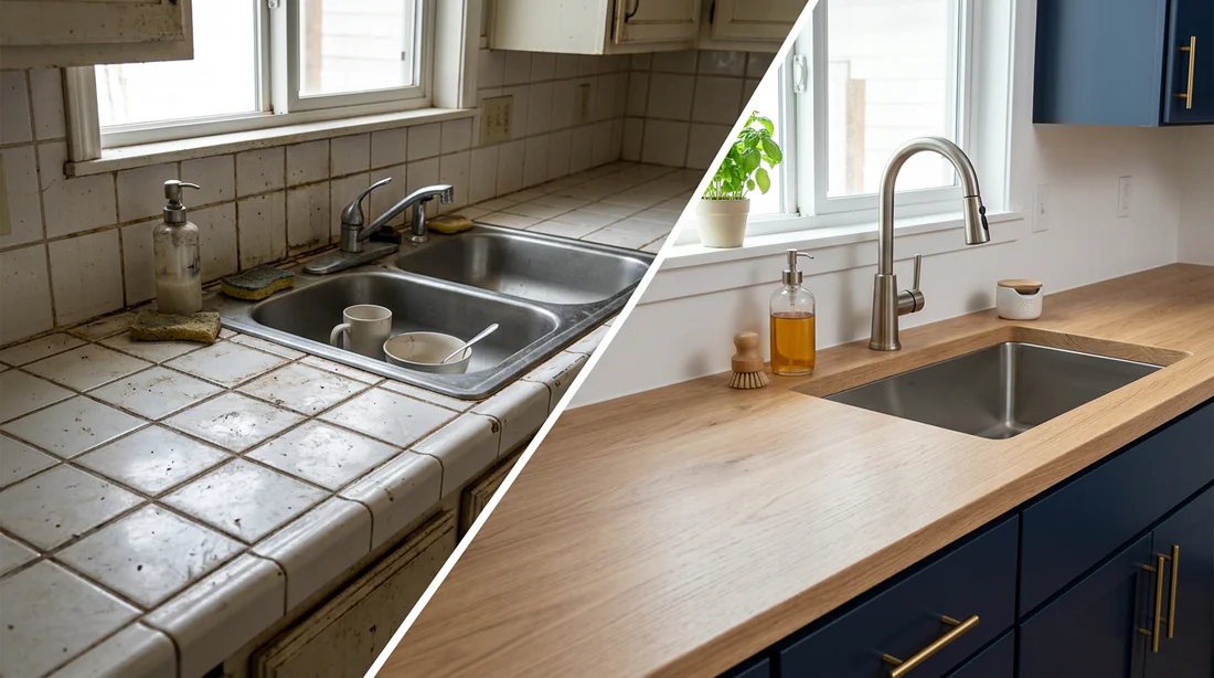 Préparation et ponçage d'un ancien plan de travail en carrelage avant la pose du stratifié.