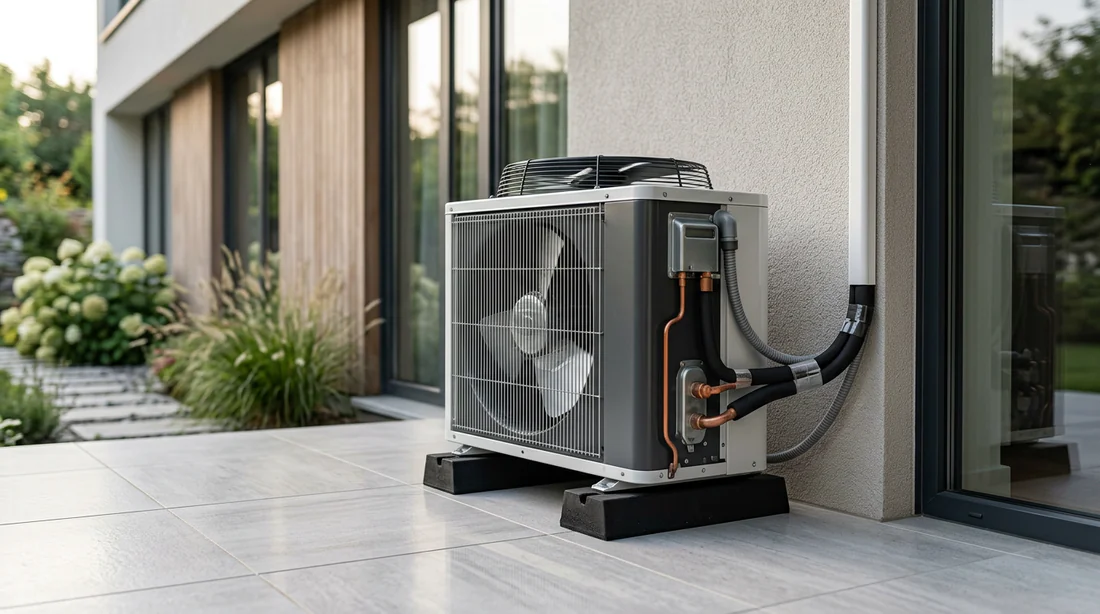 Groupe extérieur de climatisation très compact installé proprement sur des plots antivibratiles