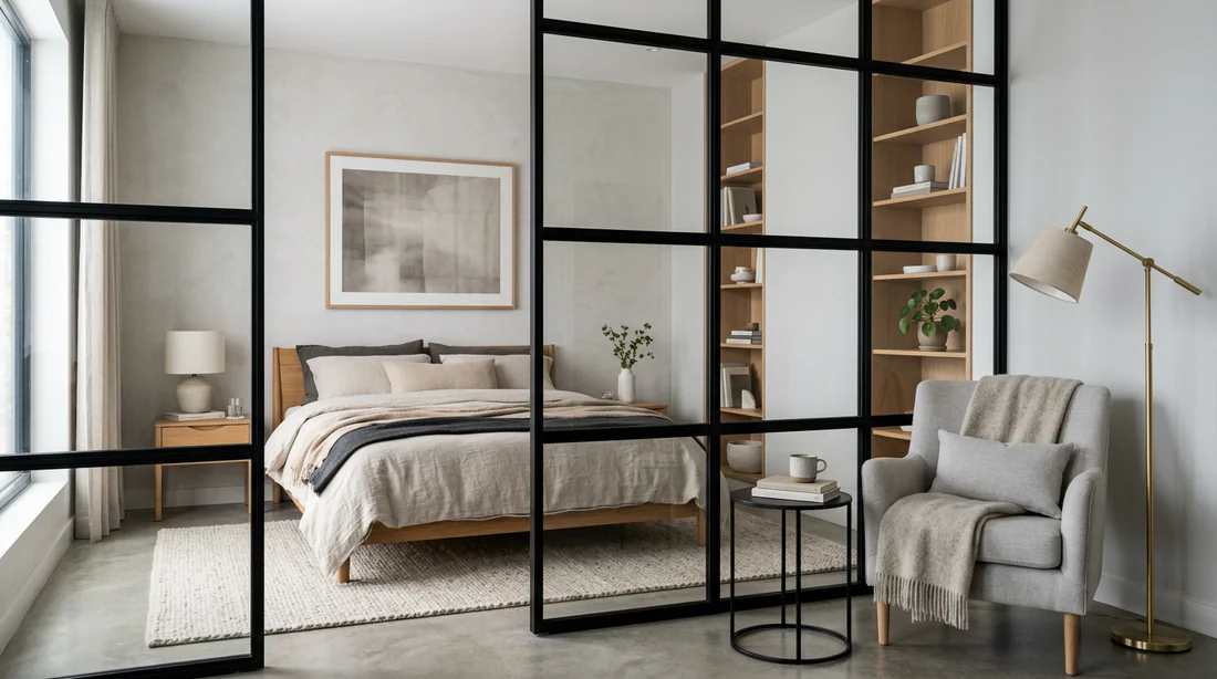 Séparation de chambre moderne avec une verrière en métal noir