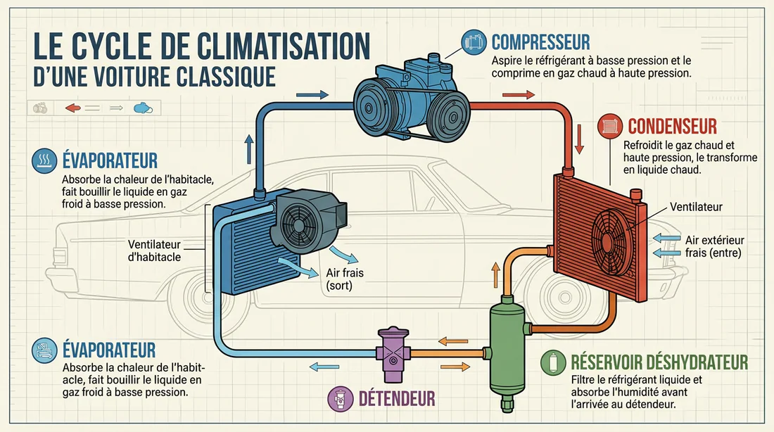 Schéma du circuit de climatisation d'une voiture d'époque