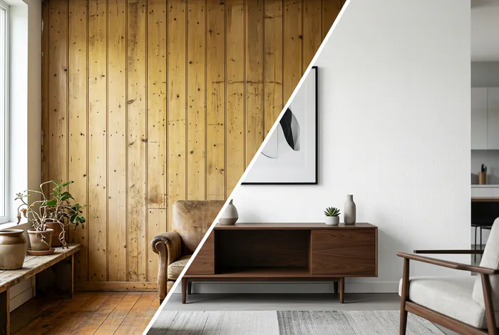 Comparaison avant après rénovation d'un mur en lambris recouvert de toile de verre