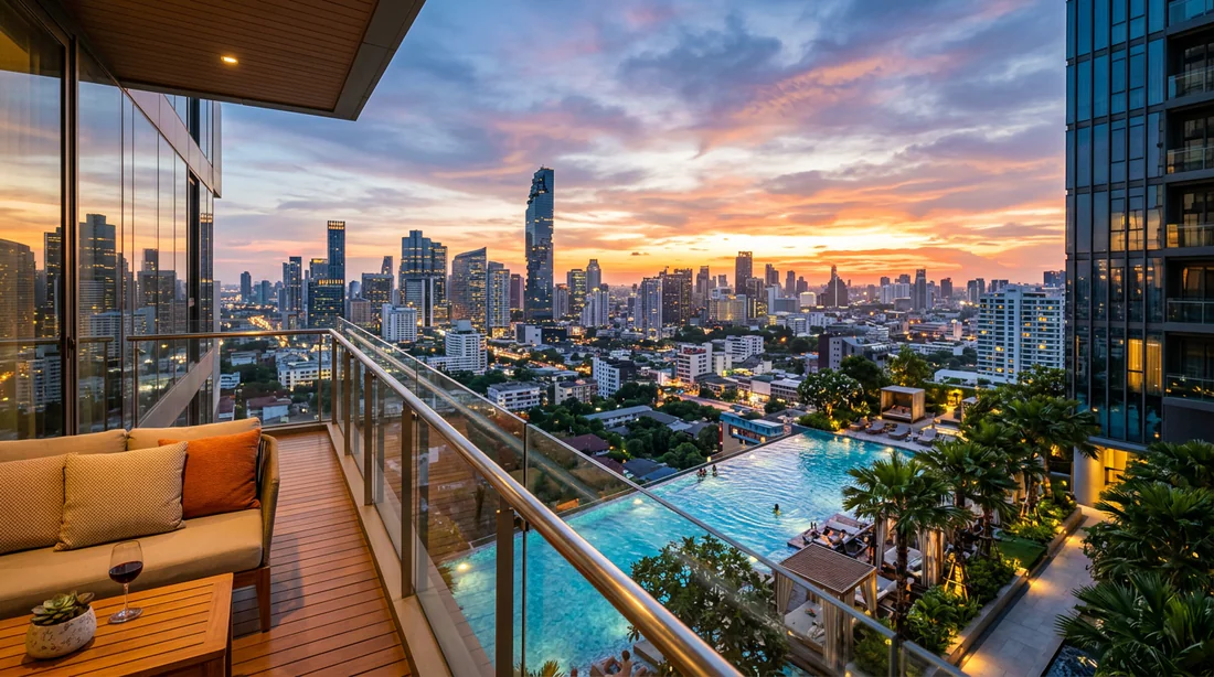 Agent immobilier remettant les clés d'un appartement à un couple d'expatriés en Thaïlande