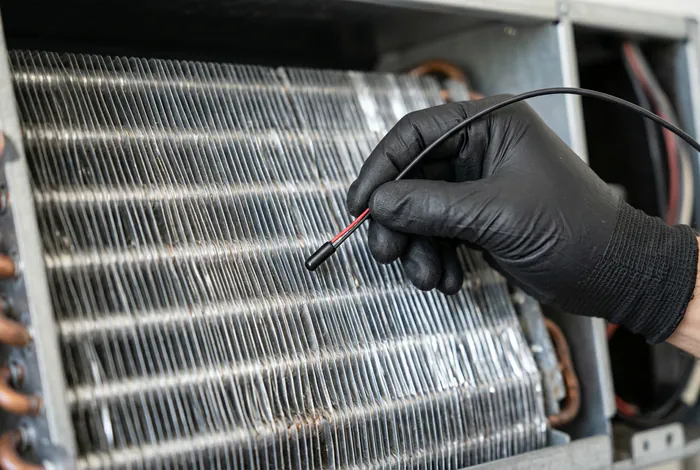 Main tenant une sonde de température thermistance devant le condensateur d'une clim