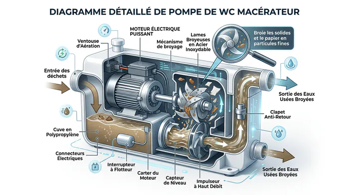 Schéma explicatif du fonctionnement d'un sanibroyeur avec un point d'interrogation rouge