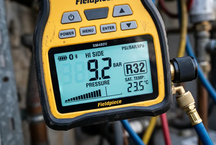 Écran de manomètre numérique affichant une pression de 9.2 BAR pour fluide R32