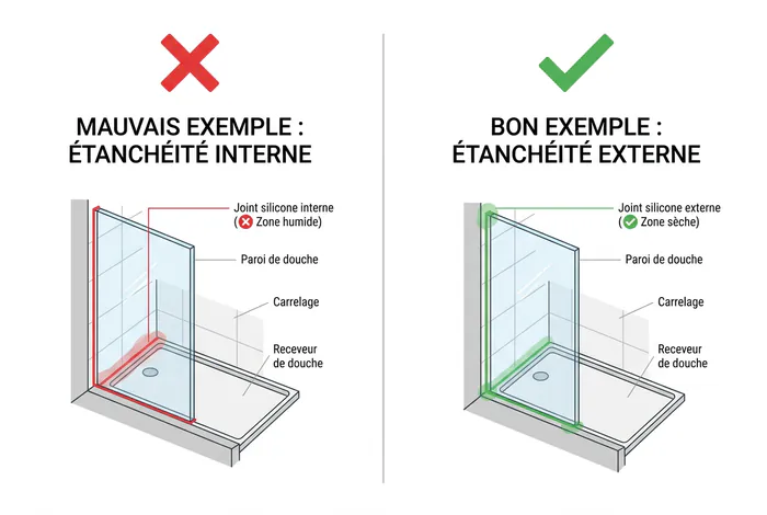 Comparaison entre un mauvais joint de douche intérieur et un bon joint extérieur