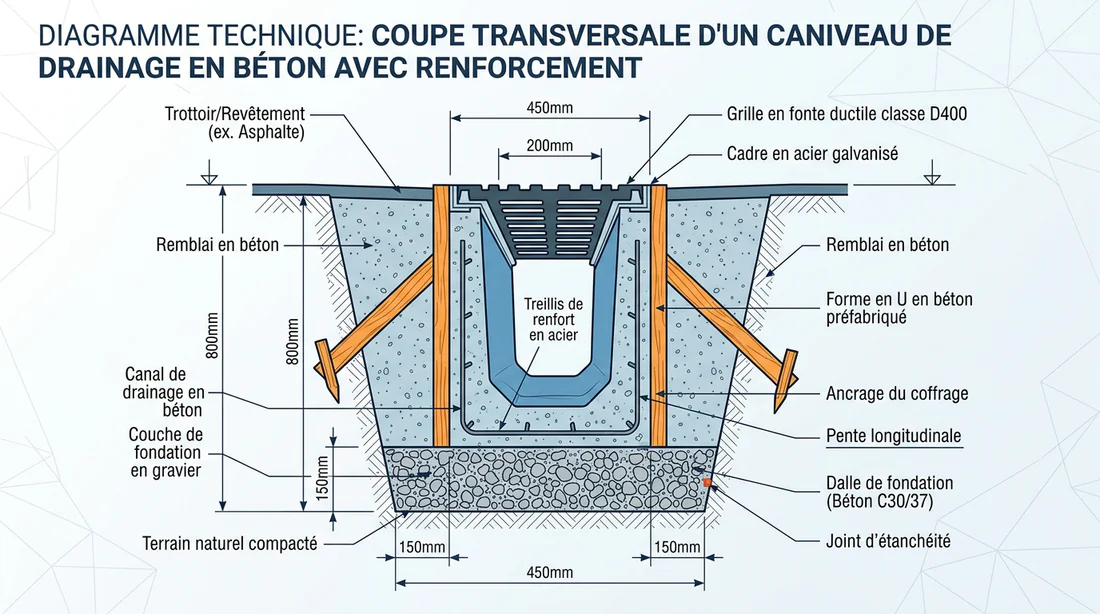 Schéma technique de la structure et du coffrage d'un caniveau en béton