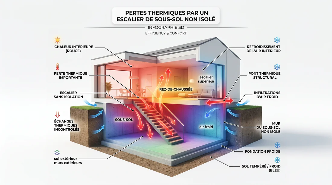 Schéma technique des différentes couches d'isolation sous un escalier en bois