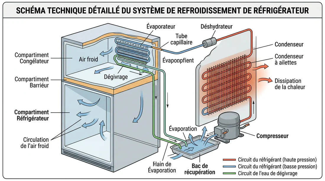 Schéma technique du système de dégivrage d'un frigo