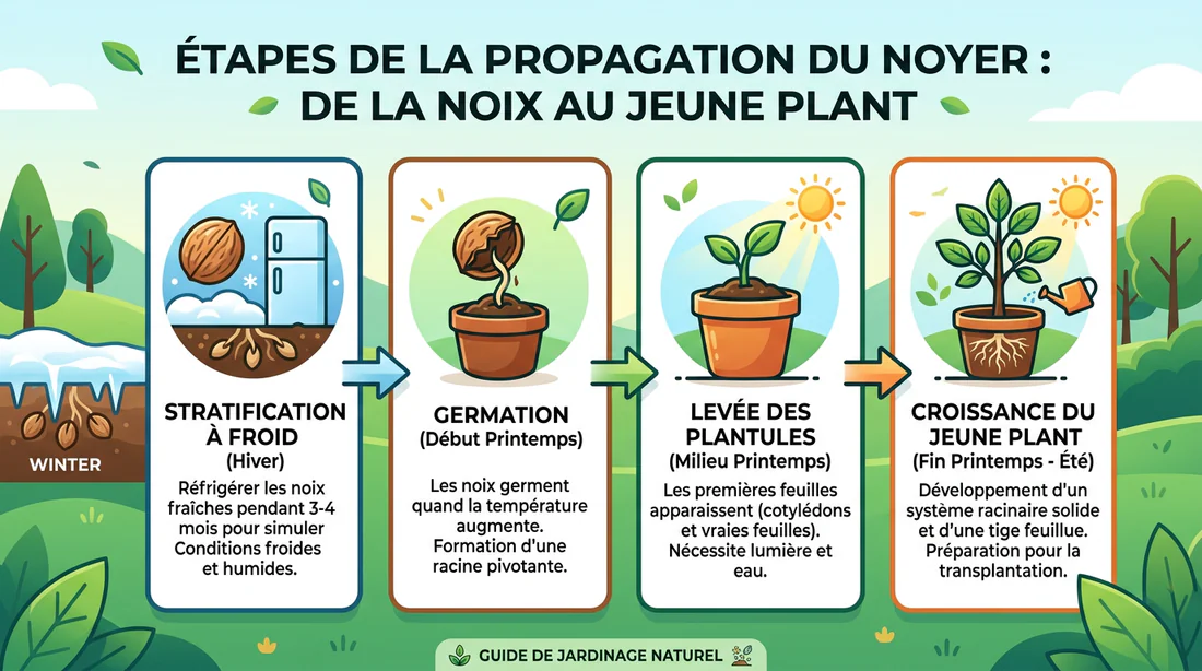 Infographie résumant les étapes de la germination et croissance du noyer.