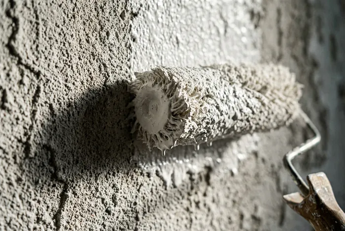 Gros plan sur un rouleau à poils longs chargé de peinture fraîche sur un crépi très granuleux.