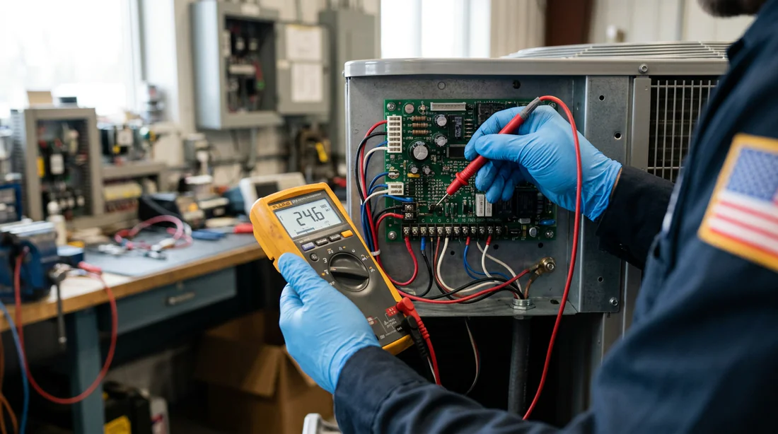 Technicien vérifiant les connexions électriques d'une pompe à chaleur