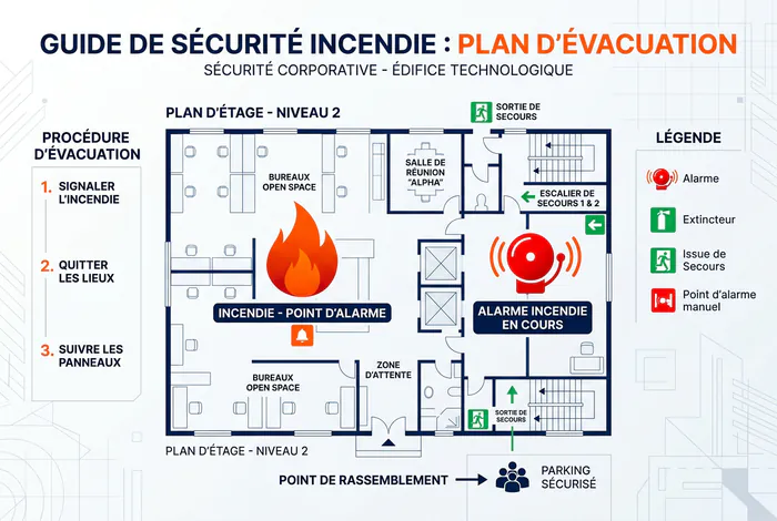 Icône illustrant un plan de sécurité incendie et alarme