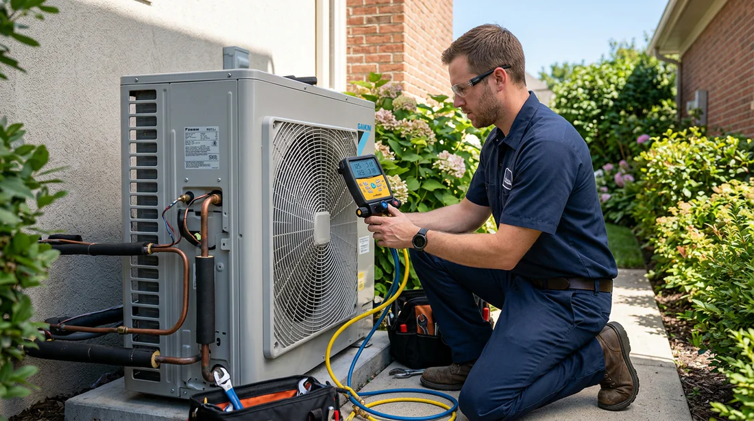 Technicien professionnel contrôlant une unité extérieure de climatisation Daikin